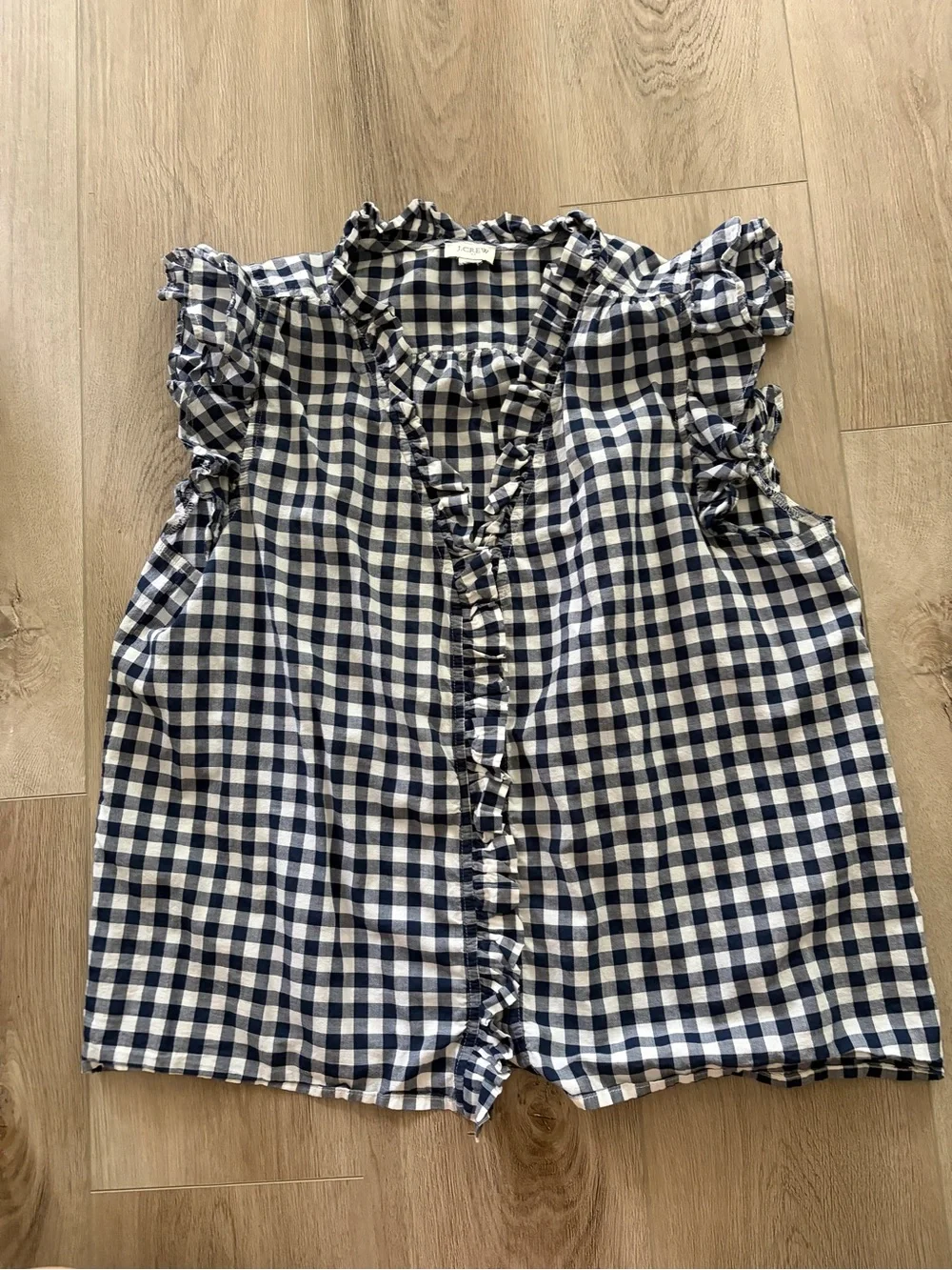 J. Crew Navy and White Gingham Ruffle Button-Front Shell
